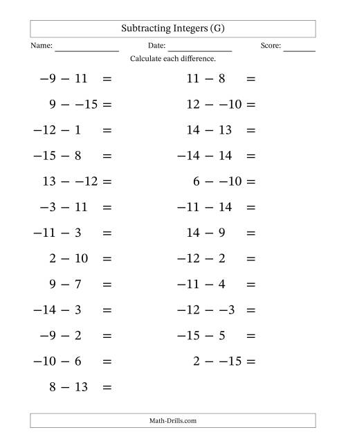 The Subtracting Mixed Integers from -15 to 15 (25 Questions; Large Print; No Parentheses) (G) Math Worksheet