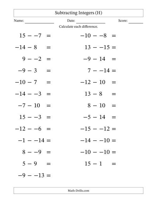 The Subtracting Mixed Integers from -15 to 15 (25 Questions; Large Print; No Parentheses) (H) Math Worksheet