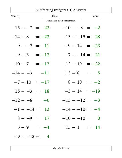 The Subtracting Mixed Integers from -15 to 15 (25 Questions; Large Print; No Parentheses) (H) Math Worksheet Page 2
