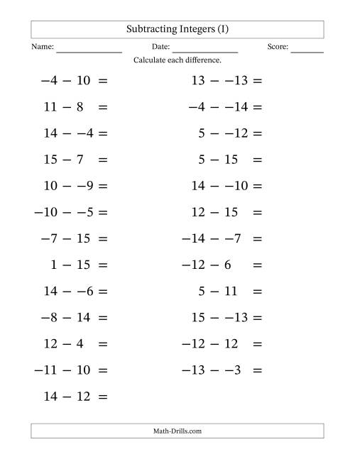 The Subtracting Mixed Integers from -15 to 15 (25 Questions; Large Print; No Parentheses) (I) Math Worksheet