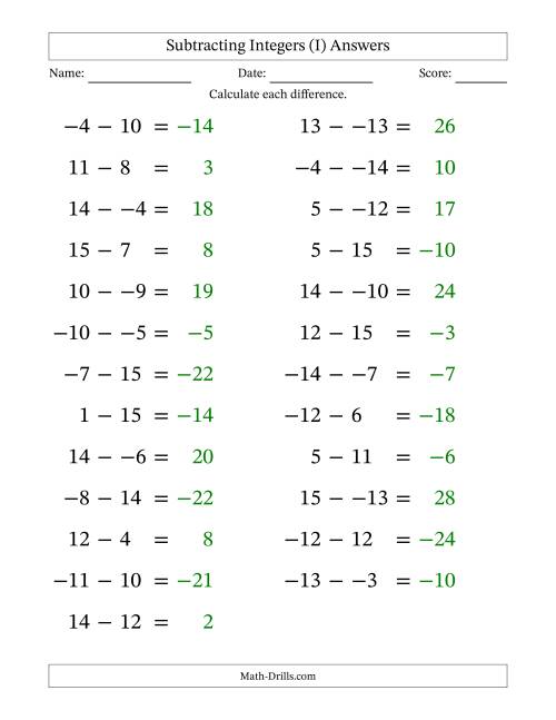 The Subtracting Mixed Integers from -15 to 15 (25 Questions; Large Print; No Parentheses) (I) Math Worksheet Page 2