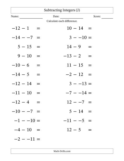 The Subtracting Mixed Integers from -15 to 15 (25 Questions; Large Print; No Parentheses) (J) Math Worksheet