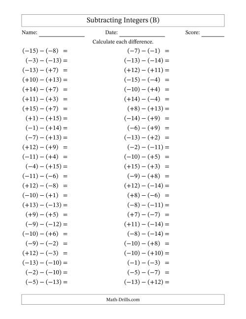 The Subtracting Mixed Integers from -15 to 15 (50 Questions; All Parentheses) (B) Math Worksheet