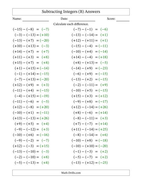 The Subtracting Mixed Integers from -15 to 15 (50 Questions; All Parentheses) (B) Math Worksheet Page 2