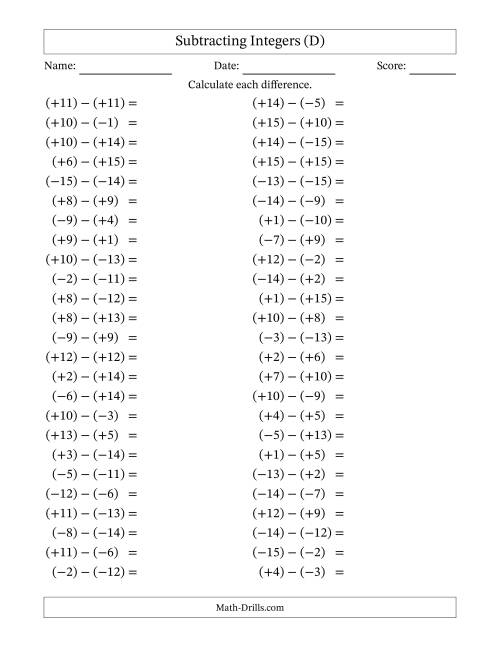 The Subtracting Mixed Integers from -15 to 15 (50 Questions; All Parentheses) (D) Math Worksheet