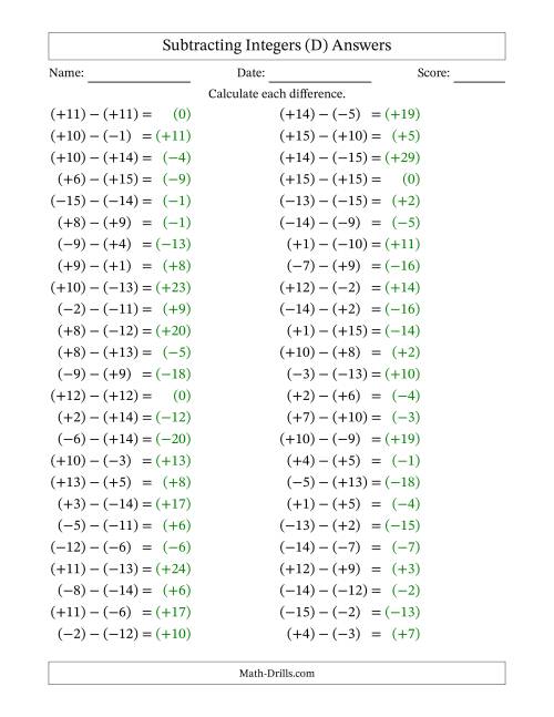 The Subtracting Mixed Integers from -15 to 15 (50 Questions; All Parentheses) (D) Math Worksheet Page 2