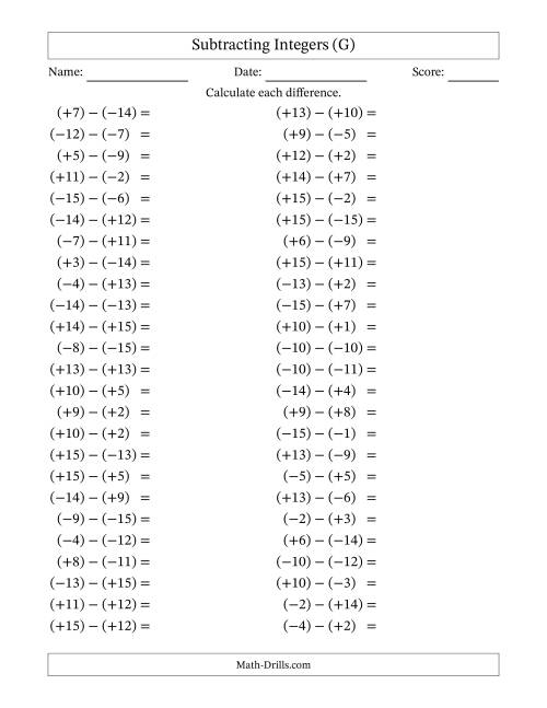 The Subtracting Mixed Integers from -15 to 15 (50 Questions; All Parentheses) (G) Math Worksheet