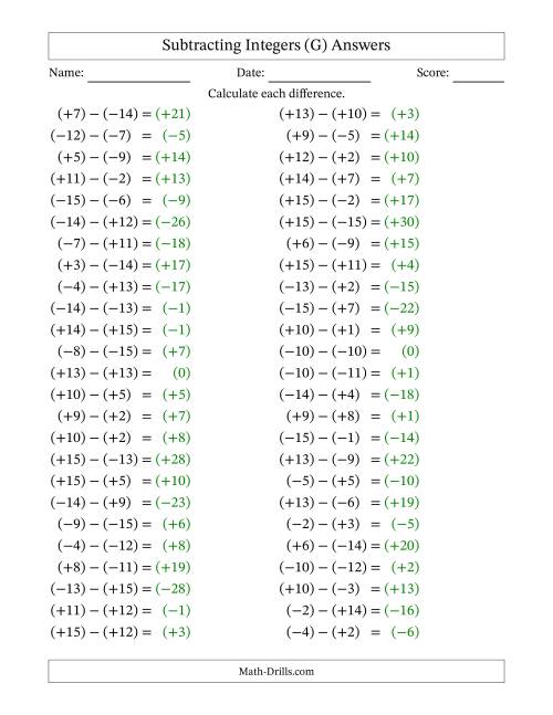 The Subtracting Mixed Integers from -15 to 15 (50 Questions; All Parentheses) (G) Math Worksheet Page 2