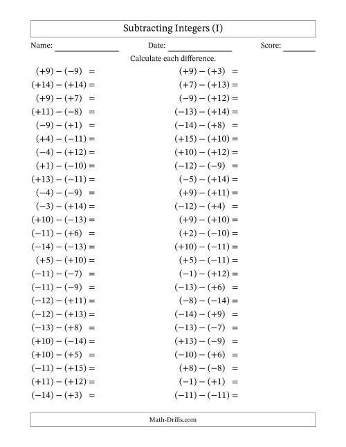 The Subtracting Mixed Integers from -15 to 15 (50 Questions; All Parentheses) (I) Math Worksheet
