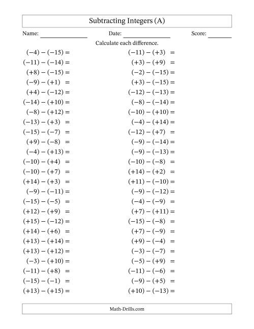 The Subtracting Mixed Integers from -15 to 15 (50 Questions; All Parentheses) (All) Math Worksheet
