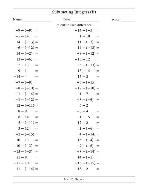 The Subtracting Mixed Integers from -15 to 15 (50 Questions) (B) Math Worksheet