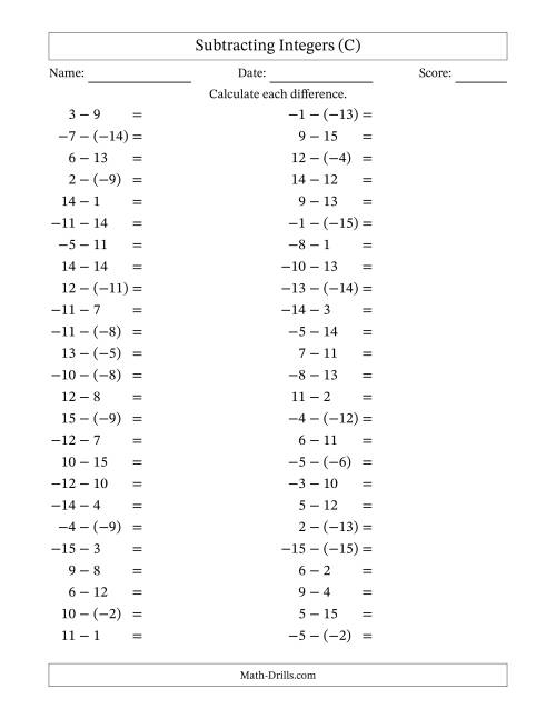 The Subtracting Mixed Integers from -15 to 15 (50 Questions) (C) Math Worksheet