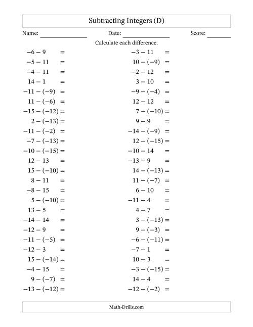 The Subtracting Mixed Integers from -15 to 15 (50 Questions) (D) Math Worksheet