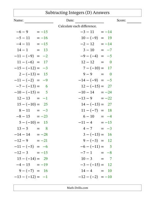 The Subtracting Mixed Integers from -15 to 15 (50 Questions) (D) Math Worksheet Page 2
