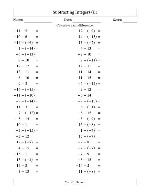 The Subtracting Mixed Integers from -15 to 15 (50 Questions) (E) Math Worksheet