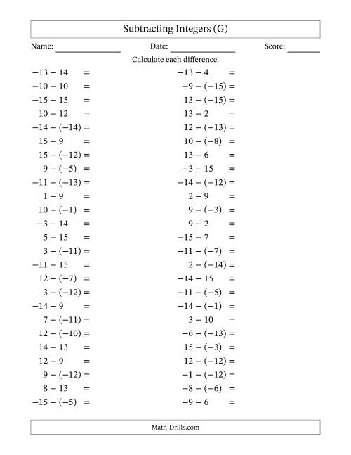 The Subtracting Mixed Integers from -15 to 15 (50 Questions) (G) Math Worksheet