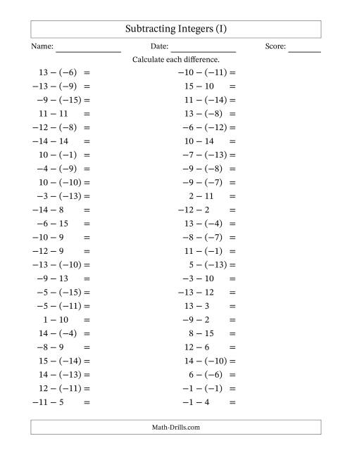 The Subtracting Mixed Integers from -15 to 15 (50 Questions) (I) Math Worksheet