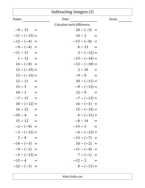 The Subtracting Mixed Integers from -15 to 15 (50 Questions) (J) Math Worksheet