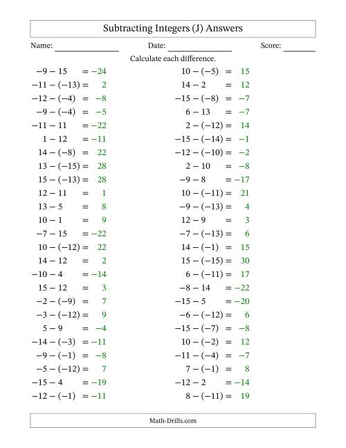 The Subtracting Mixed Integers from -15 to 15 (50 Questions) (J) Math Worksheet Page 2