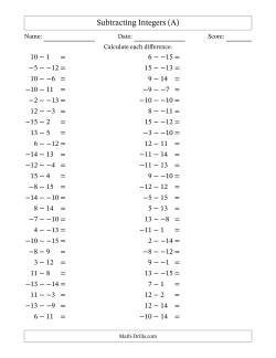 Subtracting Mixed Integers from -15 to 15 (50 Questions; No Parentheses)