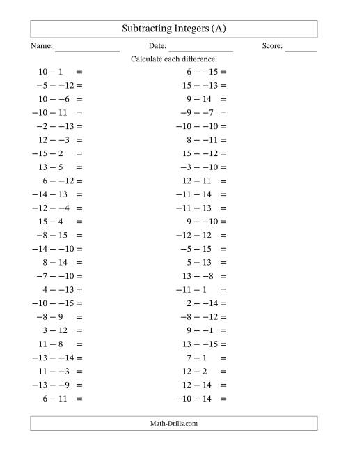 The Subtracting Mixed Integers from -15 to 15 (50 Questions; No Parentheses) (A) Math Worksheet