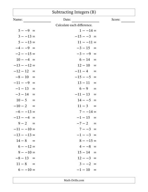 The Subtracting Mixed Integers from -15 to 15 (50 Questions; No Parentheses) (B) Math Worksheet