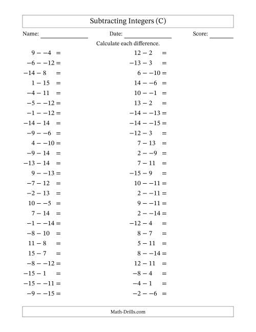 The Subtracting Mixed Integers from -15 to 15 (50 Questions; No Parentheses) (C) Math Worksheet