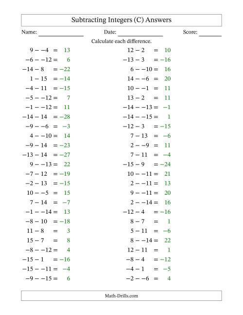 The Subtracting Mixed Integers from -15 to 15 (50 Questions; No Parentheses) (C) Math Worksheet Page 2