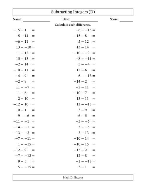 The Subtracting Mixed Integers from -15 to 15 (50 Questions; No Parentheses) (D) Math Worksheet