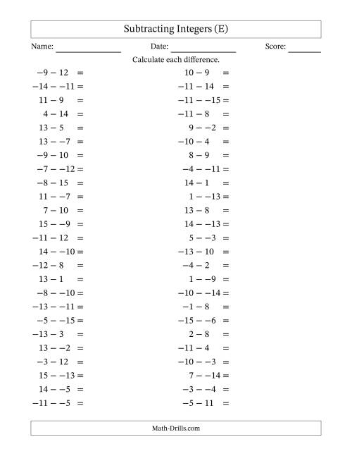 The Subtracting Mixed Integers from -15 to 15 (50 Questions; No Parentheses) (E) Math Worksheet