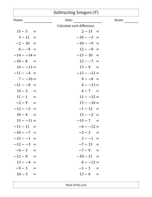 The Subtracting Mixed Integers from -15 to 15 (50 Questions; No Parentheses) (F) Math Worksheet