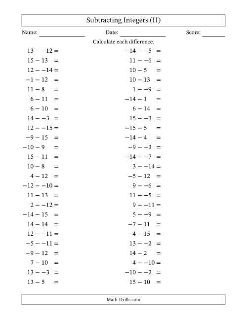The Subtracting Mixed Integers from -15 to 15 (50 Questions; No Parentheses) (H) Math Worksheet