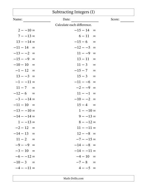 The Subtracting Mixed Integers from -15 to 15 (50 Questions; No Parentheses) (I) Math Worksheet