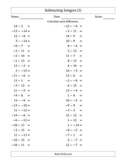 The Subtracting Mixed Integers from -15 to 15 (50 Questions; No Parentheses) (J) Math Worksheet