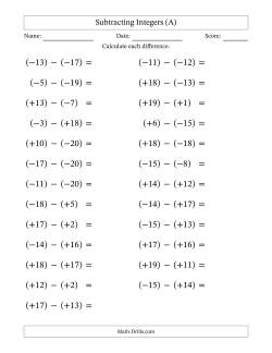 Subtracting Mixed Integers from -20 to 20 (25 Questions; Large Print; All Parentheses)