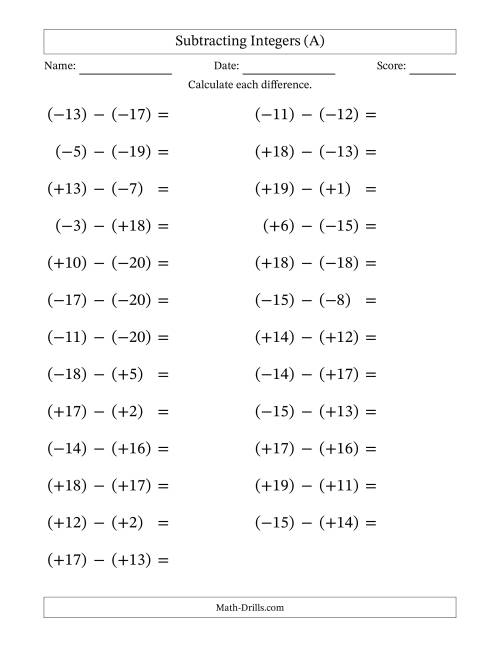 The Subtracting Mixed Integers from -20 to 20 (25 Questions; Large Print; All Parentheses) (A) Math Worksheet
