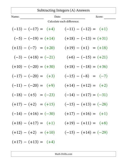 The Subtracting Mixed Integers from -20 to 20 (25 Questions; Large Print; All Parentheses) (A) Math Worksheet Page 2