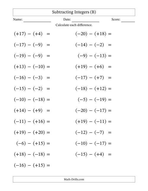 The Subtracting Mixed Integers from -20 to 20 (25 Questions; Large Print; All Parentheses) (B) Math Worksheet