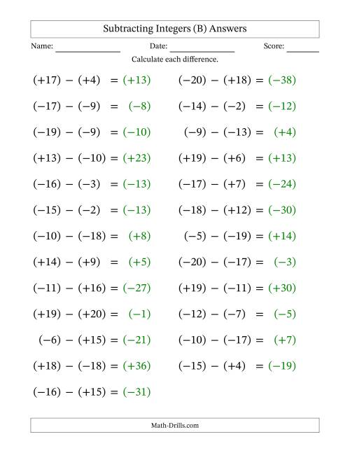 The Subtracting Mixed Integers from -20 to 20 (25 Questions; Large Print; All Parentheses) (B) Math Worksheet Page 2