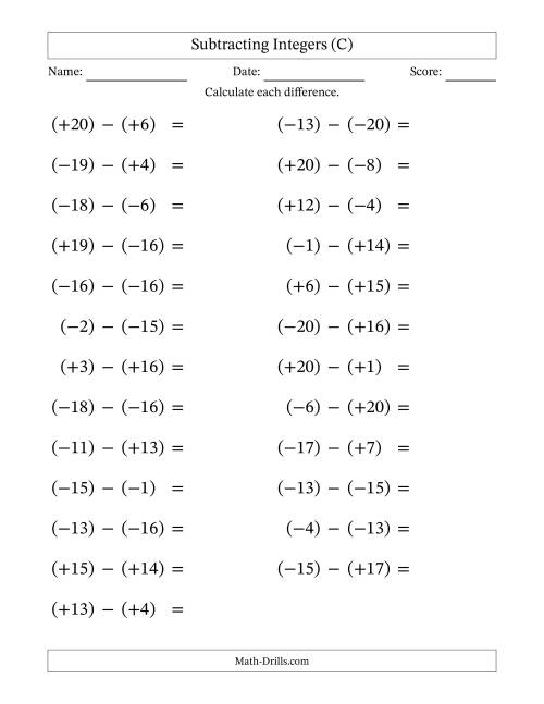 The Subtracting Mixed Integers from -20 to 20 (25 Questions; Large Print; All Parentheses) (C) Math Worksheet