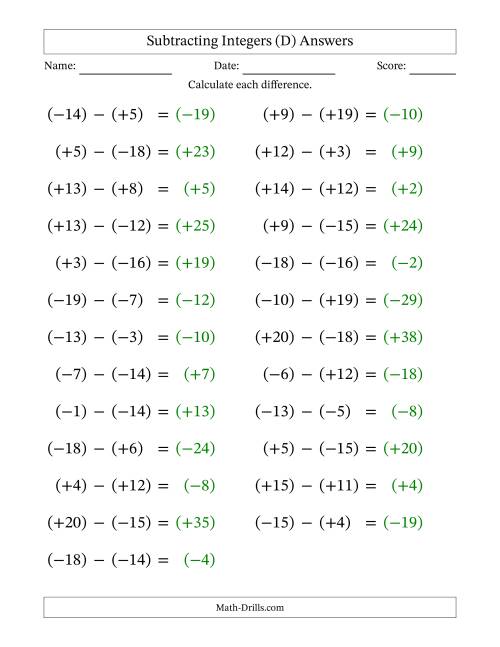 The Subtracting Mixed Integers from -20 to 20 (25 Questions; Large Print; All Parentheses) (D) Math Worksheet Page 2