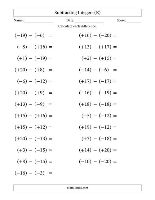 The Subtracting Mixed Integers from -20 to 20 (25 Questions; Large Print; All Parentheses) (E) Math Worksheet