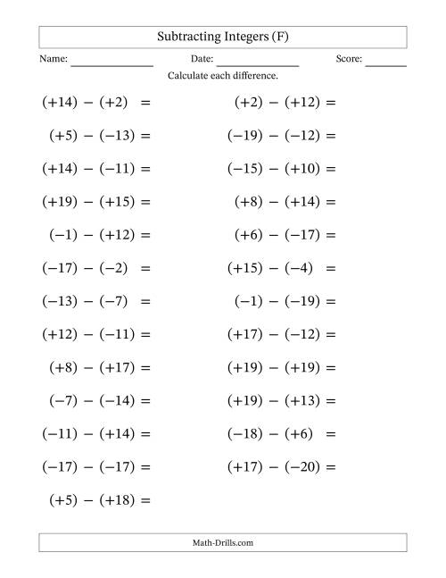 The Subtracting Mixed Integers from -20 to 20 (25 Questions; Large Print; All Parentheses) (F) Math Worksheet