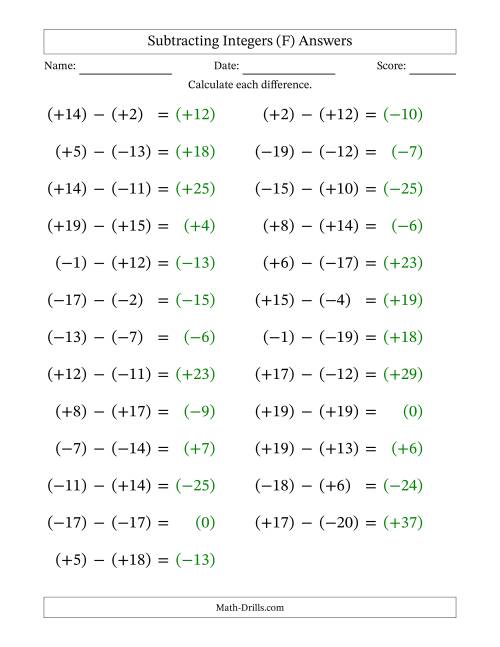 The Subtracting Mixed Integers from -20 to 20 (25 Questions; Large Print; All Parentheses) (F) Math Worksheet Page 2