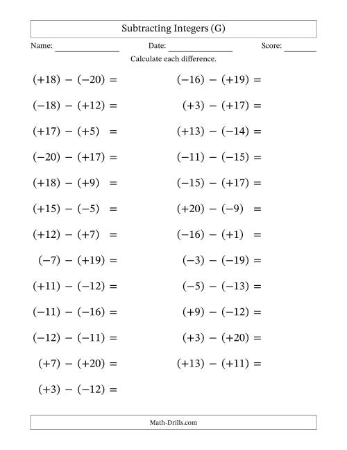 The Subtracting Mixed Integers from -20 to 20 (25 Questions; Large Print; All Parentheses) (G) Math Worksheet