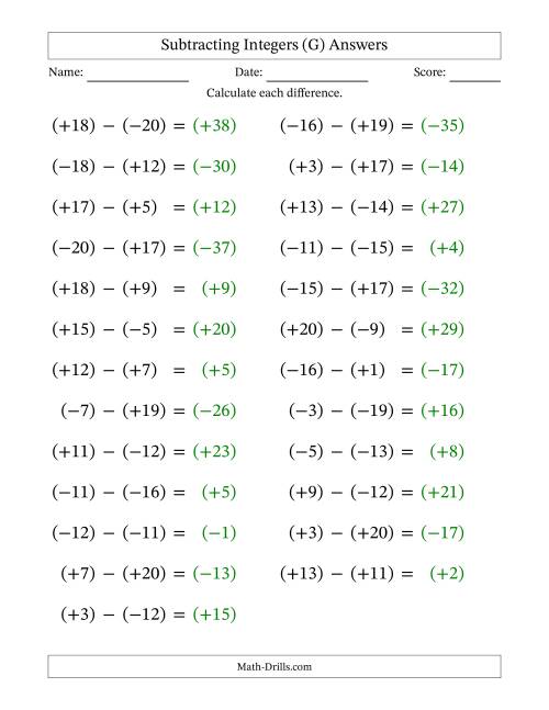 The Subtracting Mixed Integers from -20 to 20 (25 Questions; Large Print; All Parentheses) (G) Math Worksheet Page 2