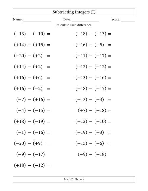 The Subtracting Mixed Integers from -20 to 20 (25 Questions; Large Print; All Parentheses) (I) Math Worksheet