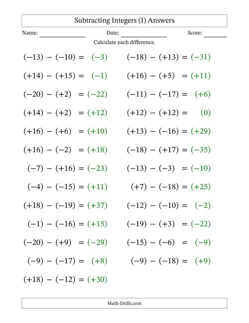 The Subtracting Mixed Integers from -20 to 20 (25 Questions; Large Print; All Parentheses) (I) Math Worksheet Page 2