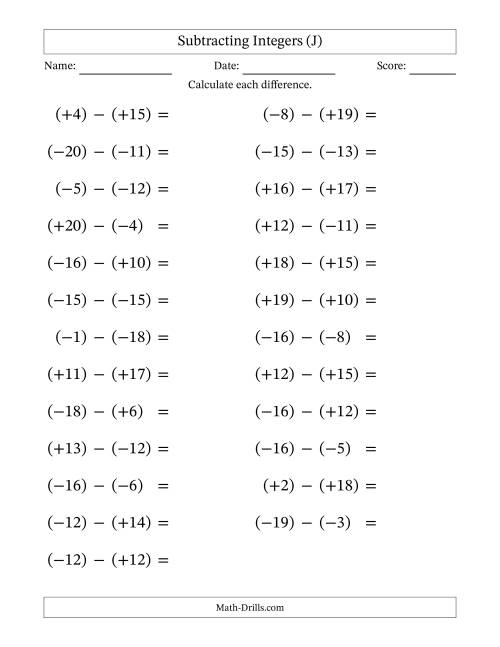 The Subtracting Mixed Integers from -20 to 20 (25 Questions; Large Print; All Parentheses) (J) Math Worksheet