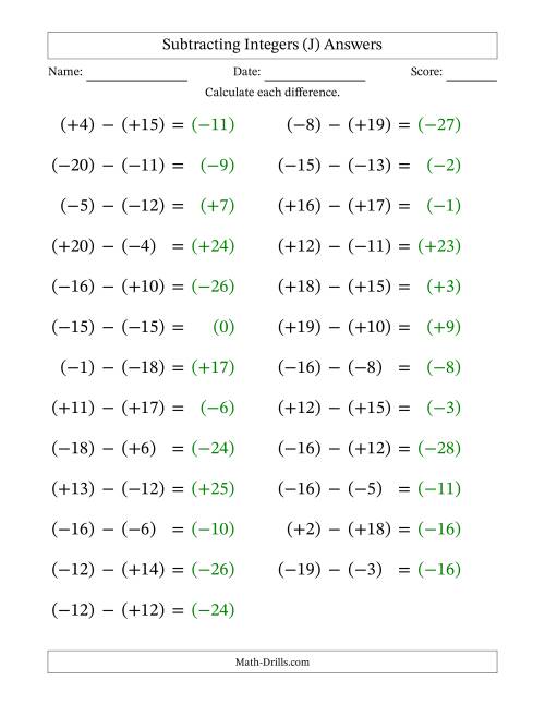 The Subtracting Mixed Integers from -20 to 20 (25 Questions; Large Print; All Parentheses) (J) Math Worksheet Page 2